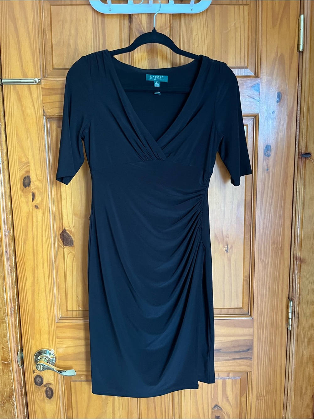 Ralph Lauren Black V-Neck Ruched Midi Dress